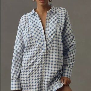 Maeve LONG-SLEEVE COLLARED POPOVER MINI DRESS IN BLUE